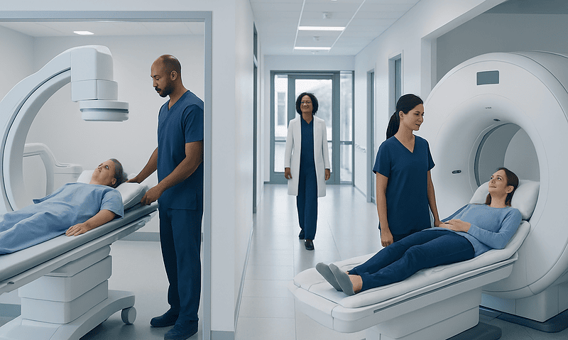 Medical staff preparing patients for brain imaging procedures at Acibadem Hospital.