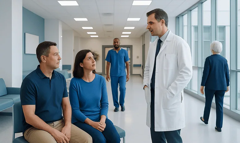 Doctor consulting with patients in hospital corridor.