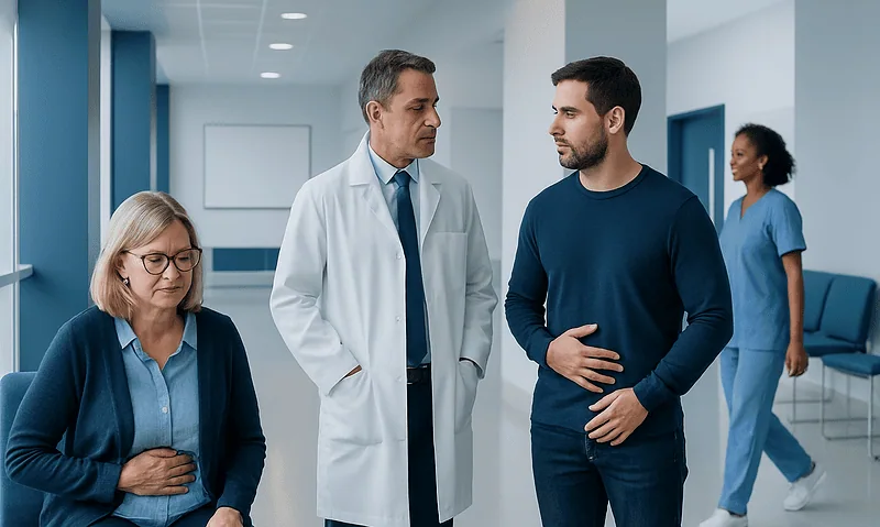 Doctor consulting with patient in hospital corridor.