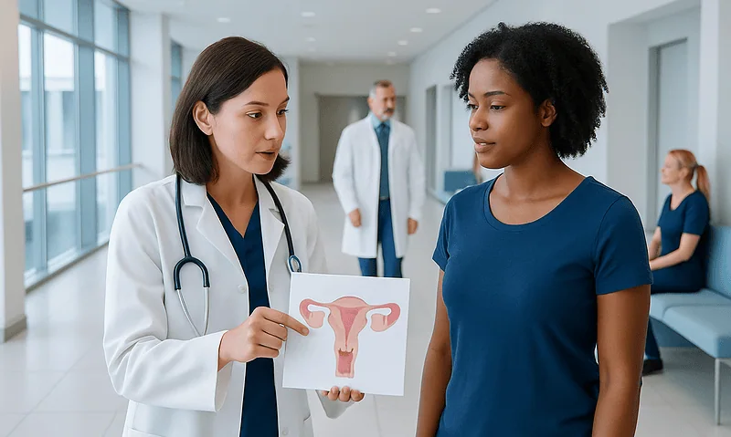 Doctor explaining uterine health to patient in hospital corridor.