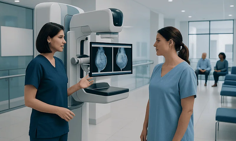 Medical professionals discussing 3D mammography images in a modern clinic.