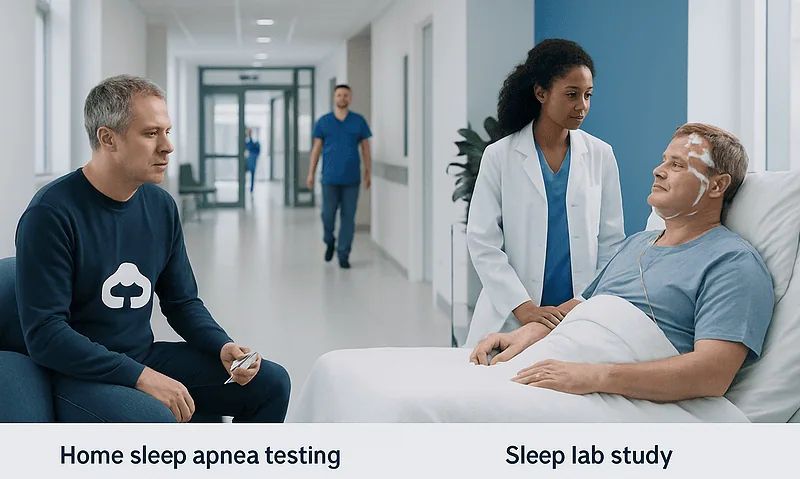 Patient in hospital bed with medical staff discussing sleep study options.