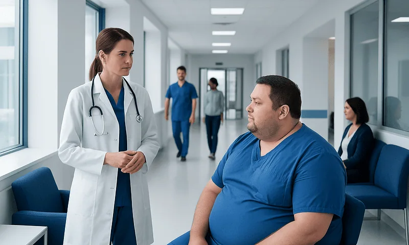 Doctor consulting a patient in a hospital corridor.