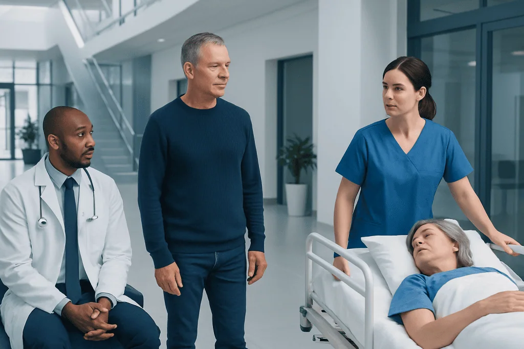 Sigmoidoscopy vs Colonoscopy: Which Test Looks at What? 1 Doctor and nurse discussing patient in hospital corridor.