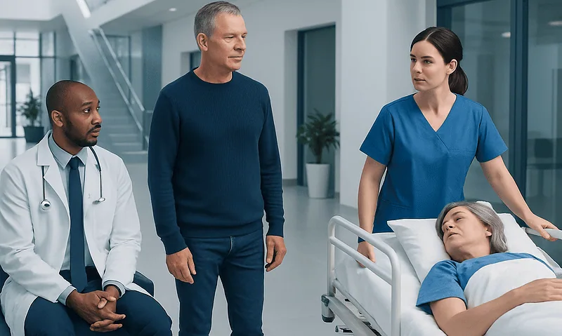 Doctor and nurse discussing patient in hospital corridor.