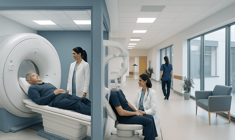 Patient undergoing MRI scan at Acibadem Hospital with medical staff present.