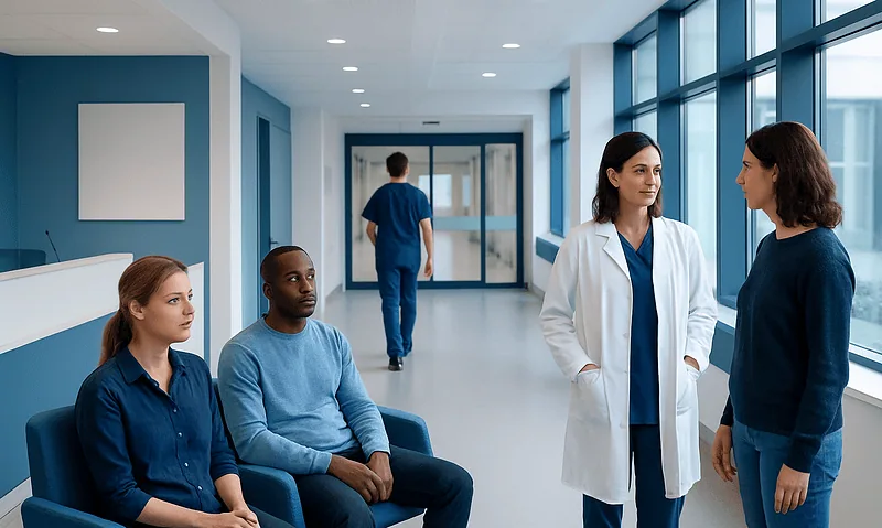 Medical professionals and patients in a hospital corridor at Acibadem Hospitals Group.