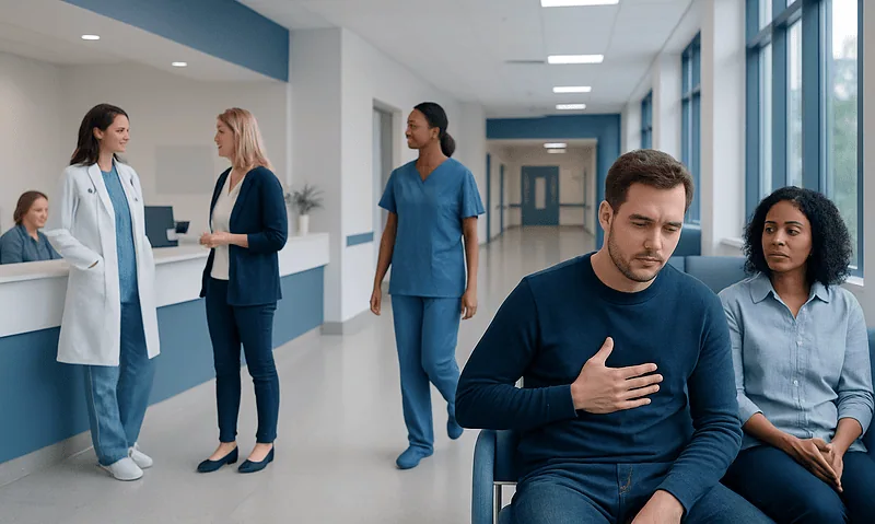 Patient experiencing chest discomfort in hospital corridor with medical staff nearby.
