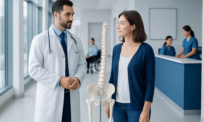 Doctor explaining spine health to a patient in a hospital setting.