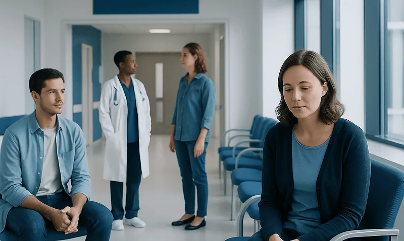 Patients waiting in a hospital corridor with medical staff in the background.