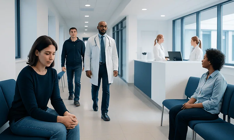 Patients in a hospital waiting area with medical staff and doctors present.