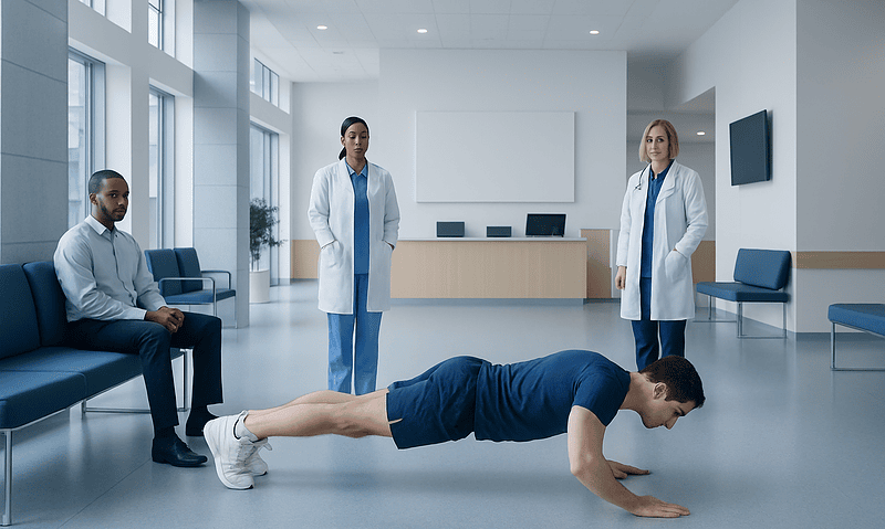 Medical professionals observe a man doing a pushup in a hospital corridor.
