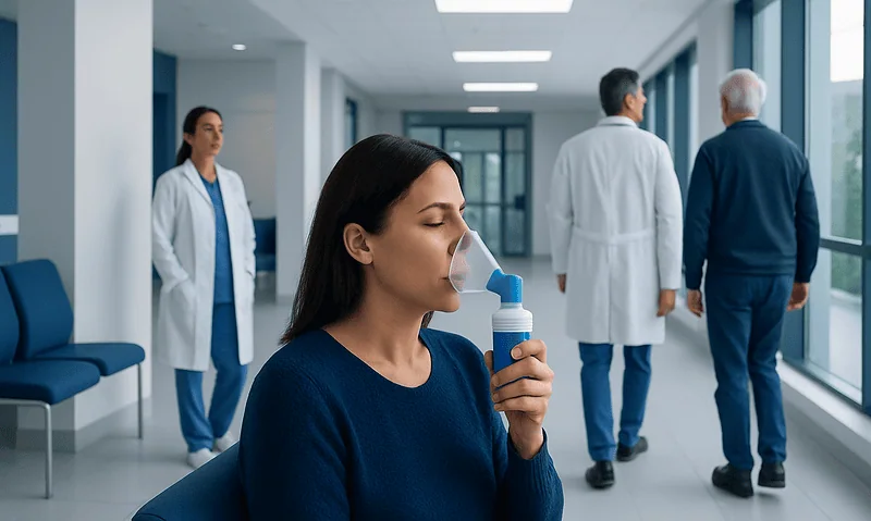 Woman using inhaler in hospital corridor with medical staff in background.