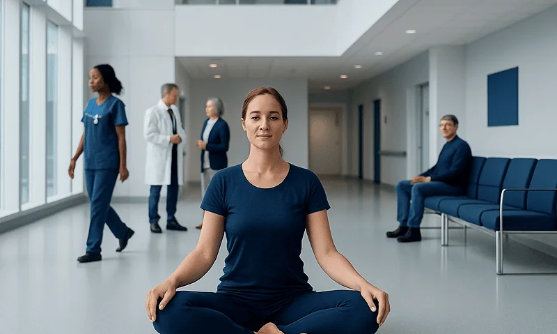 Young woman practicing yoga in hospital corridor with medical staff and patient.