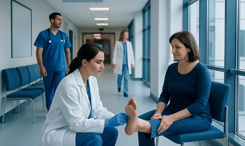 Medical professional examining patient's foot in hospital corridor.