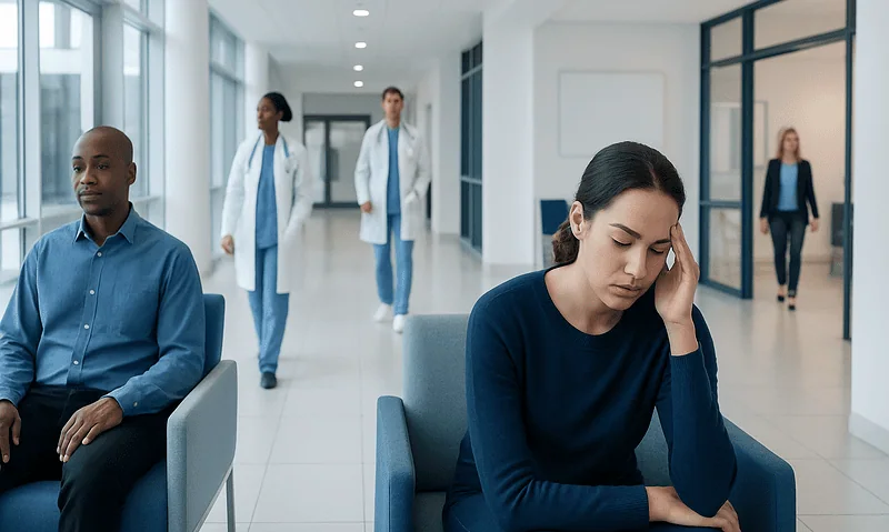 Patient waiting in a hospital corridor with medical staff in the background.