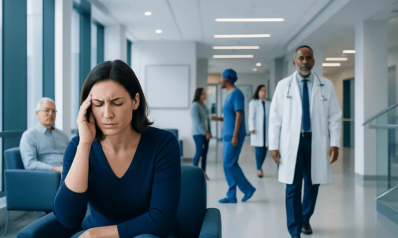 Woman with headache in hospital waiting area with medical staff in background.