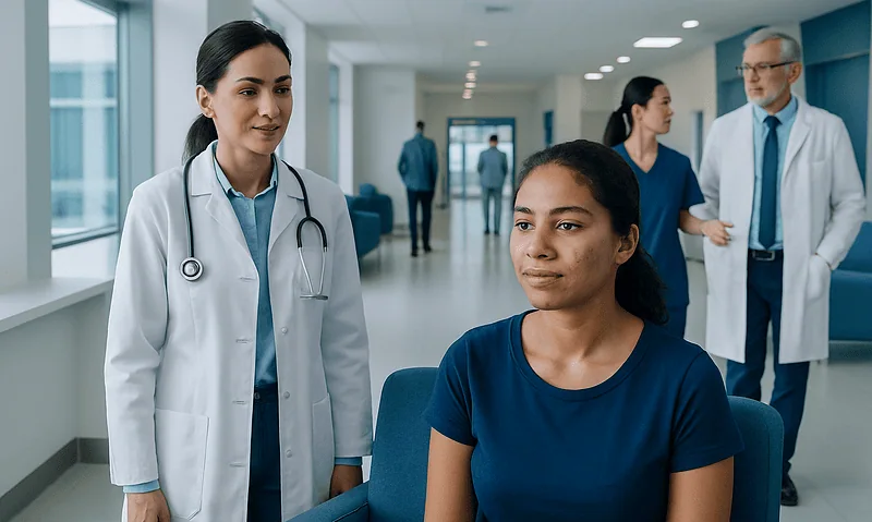 Doctor consulting a patient in a modern hospital corridor.