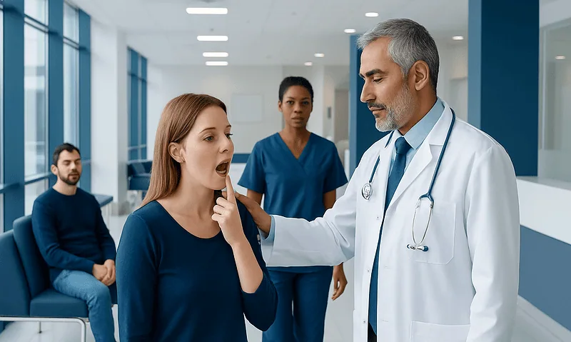 Doctor examining a patient's mouth in a hospital setting.