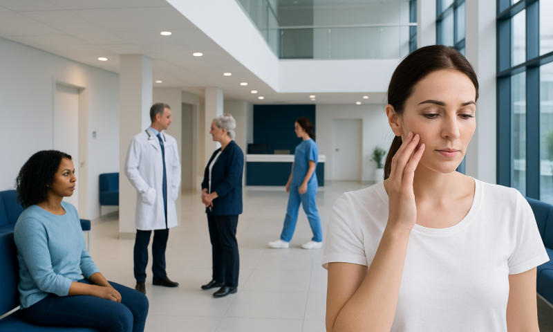 Woman with skin concern in a hospital waiting area.