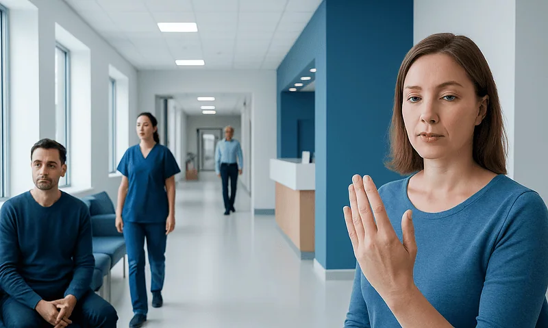 Woman examining her hand in a hospital corridor with medical staff nearby.