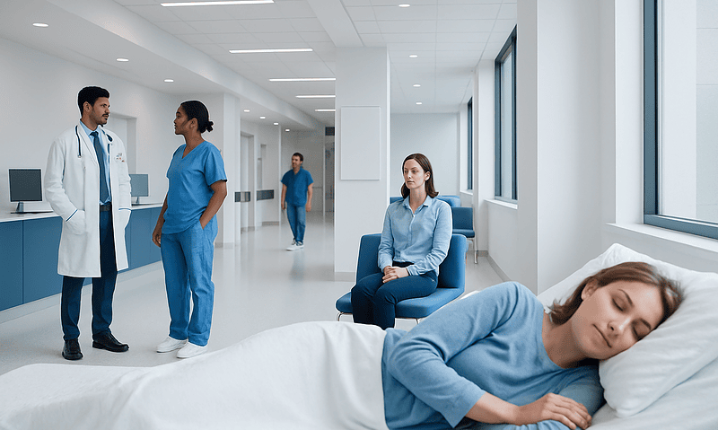 Patient resting in hospital bed with medical staff nearby in a modern hospital corridor.