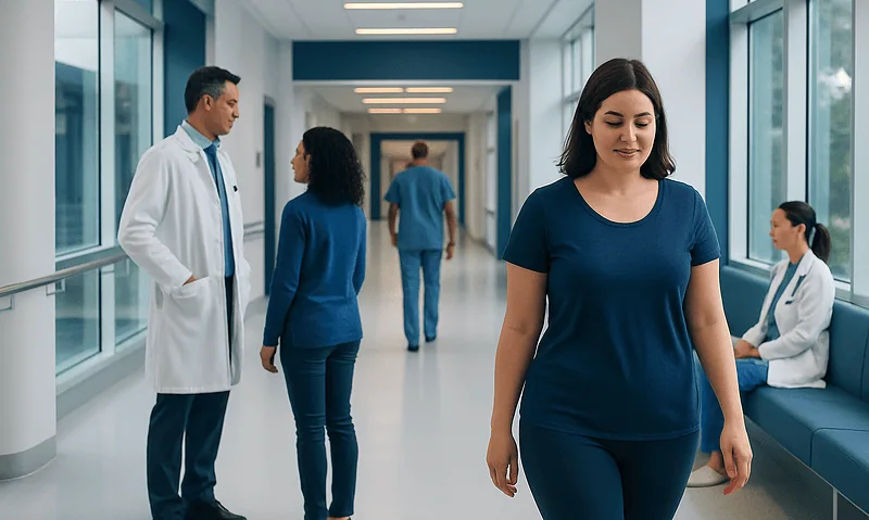 Hospital corridor with medical staff and patient in blue scrubs and casual clothing.