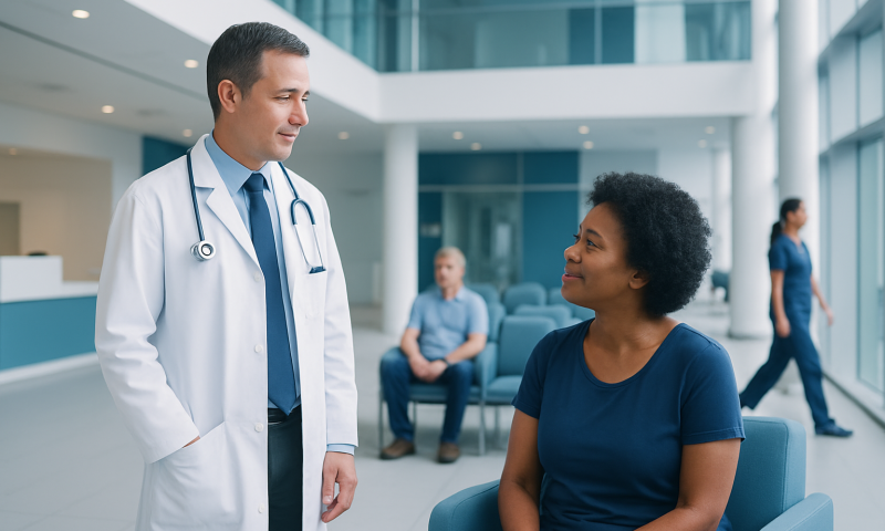 Doctor consulting a patient in a modern hospital lobby.