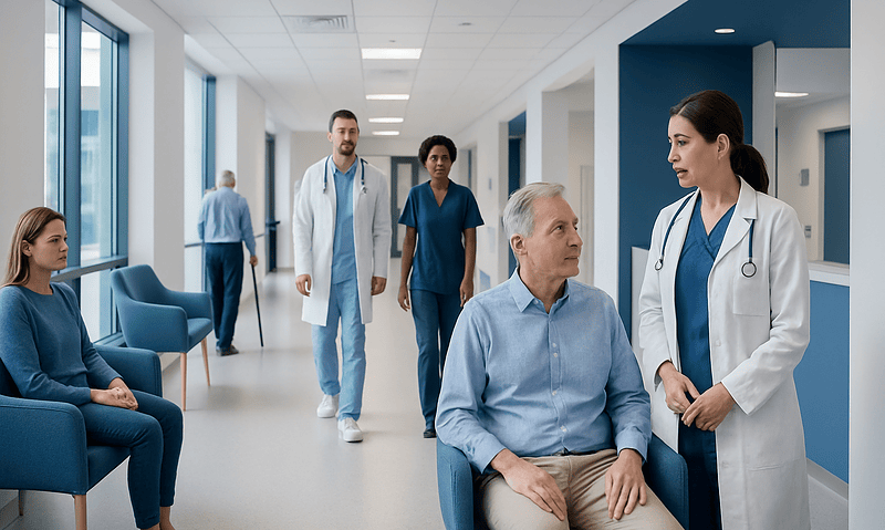 Medical team consulting with patient in hospital corridor.
