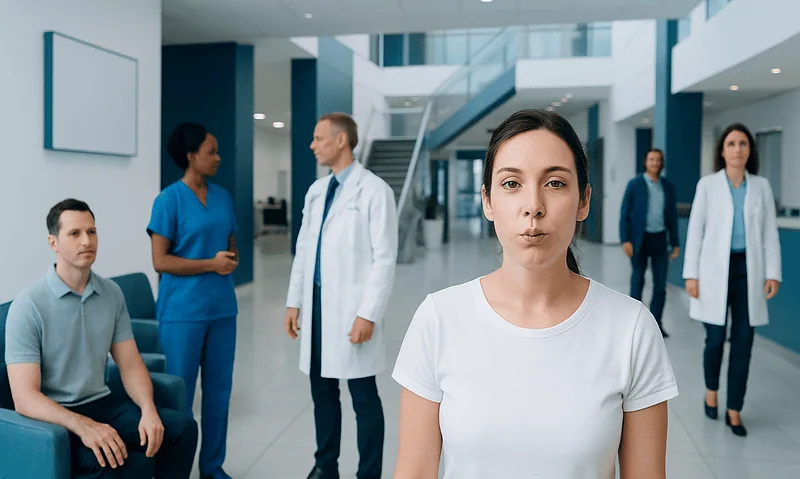 Diverse medical team in hospital lobby with patient and staff.