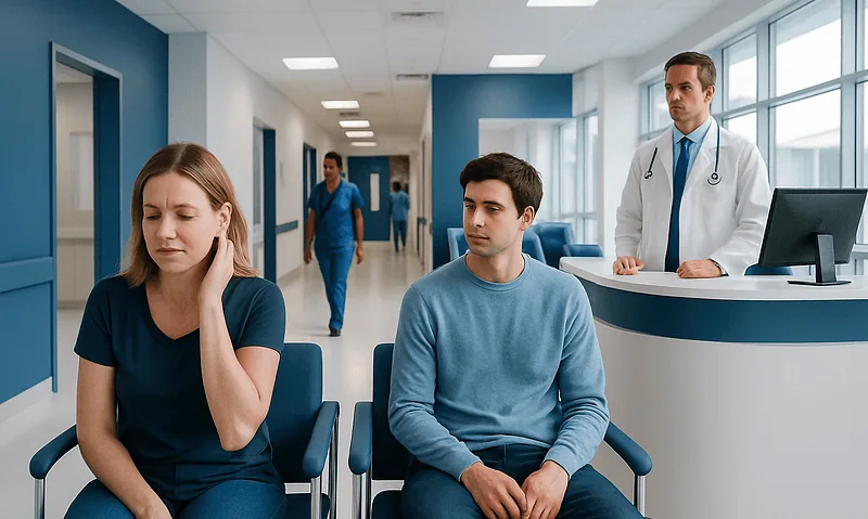 Patients waiting in a hospital corridor with medical staff present.