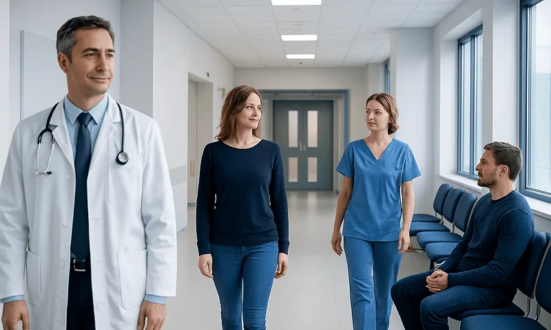 Medical team in hospital corridor with doctor and nurses.
