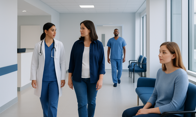 Medical professionals and patient in hospital corridor at Acibadem Hospitals Group.
