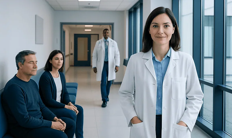 Female doctor smiling in hospital corridor with patients seated nearby.
