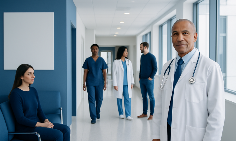 Medical team at Acibadem Hospitals Group in a modern hospital corridor.