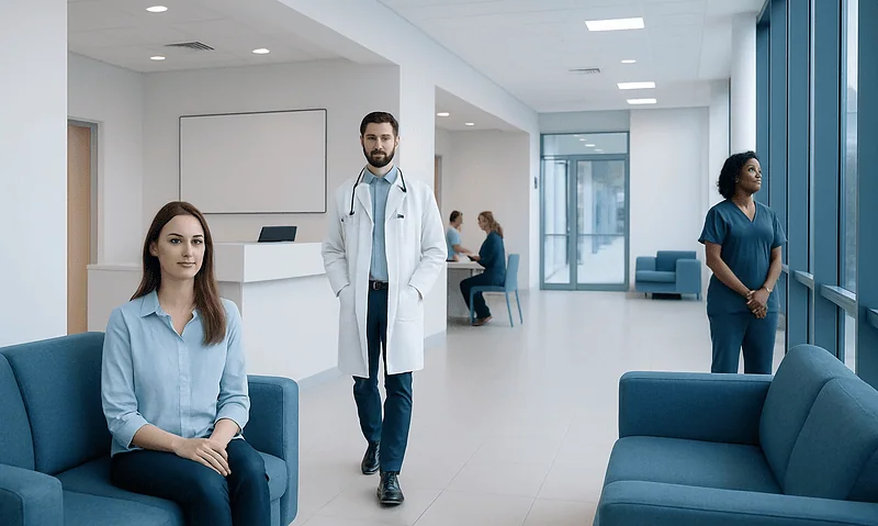 Modern hospital waiting area with medical staff and patients.