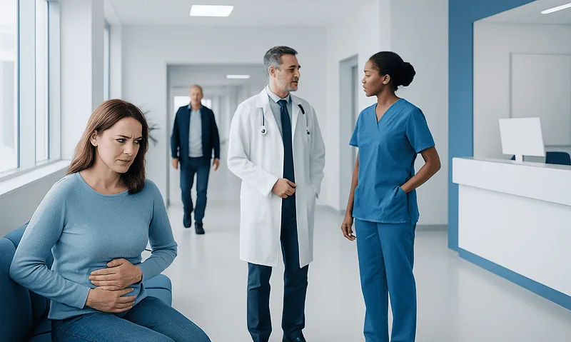 Doctor and nurse consulting with a patient in hospital corridor.