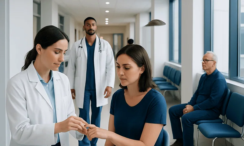 Medical professionals assisting a patient in a hospital corridor.