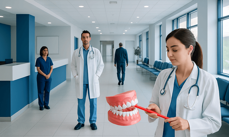 Healthcare professionals in a hospital corridor with dental model.
