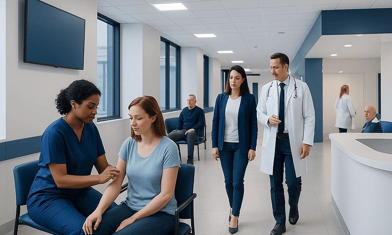 Doctor examining patient's hand in a modern hospital corridor.