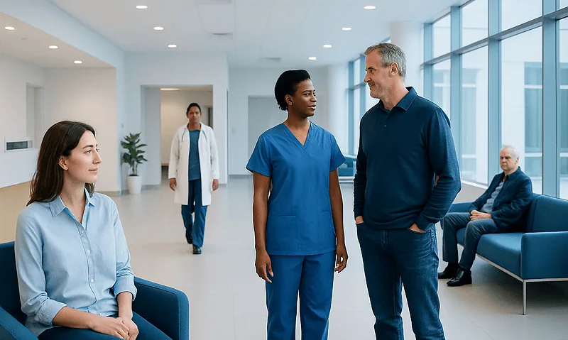 Healthcare professionals and patients in a modern hospital lobby.