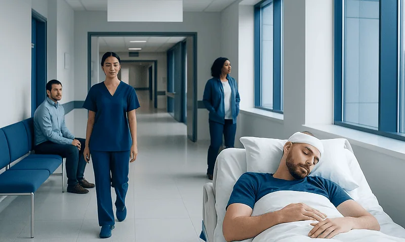 Patient resting in hospital bed after hair transplant procedure.