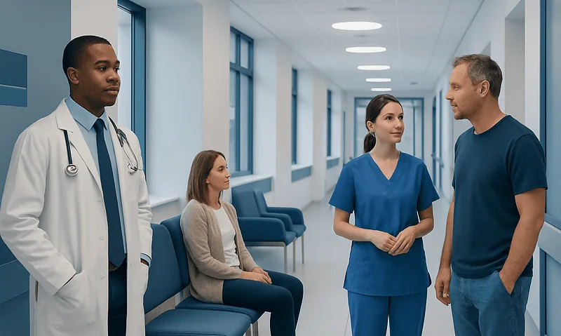 Medical professionals and patient in hospital corridor at Acibadem Hospitals Group.