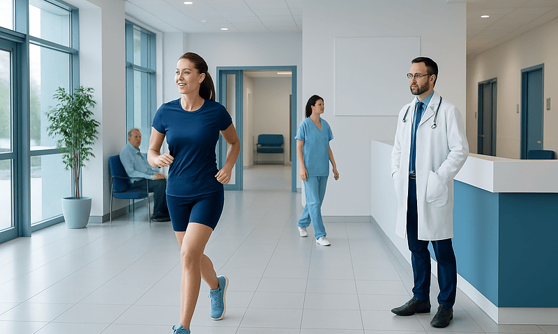 Healthy woman jogging in hospital corridor with medical staff nearby.