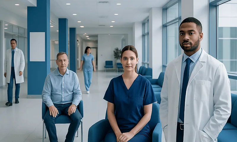 Healthcare professionals in a modern hospital corridor.