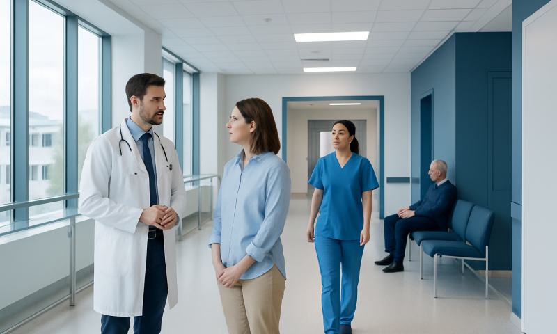 Doctors and nurse discussing in hospital corridor at Acibadem Hospitals Group.
