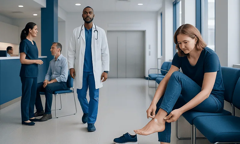 Patient with foot pain in hospital waiting area with medical staff nearby.