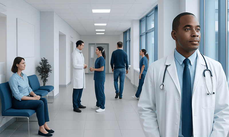Medical professionals and patients in a modern hospital corridor.