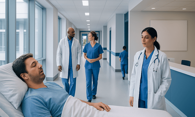 Hospital staff attending to a patient in a modern medical facility.