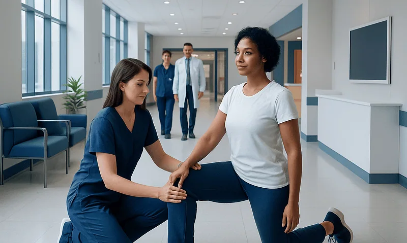 Physical therapy session for hip flexor stretching at Acibadem Hospitals.